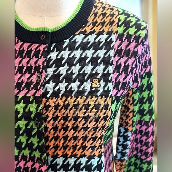 Teddy Fresh Houndstooth Cardigan Sweater Neon Colorblock Cotton H3H3 Size S - Picture 15 of 15